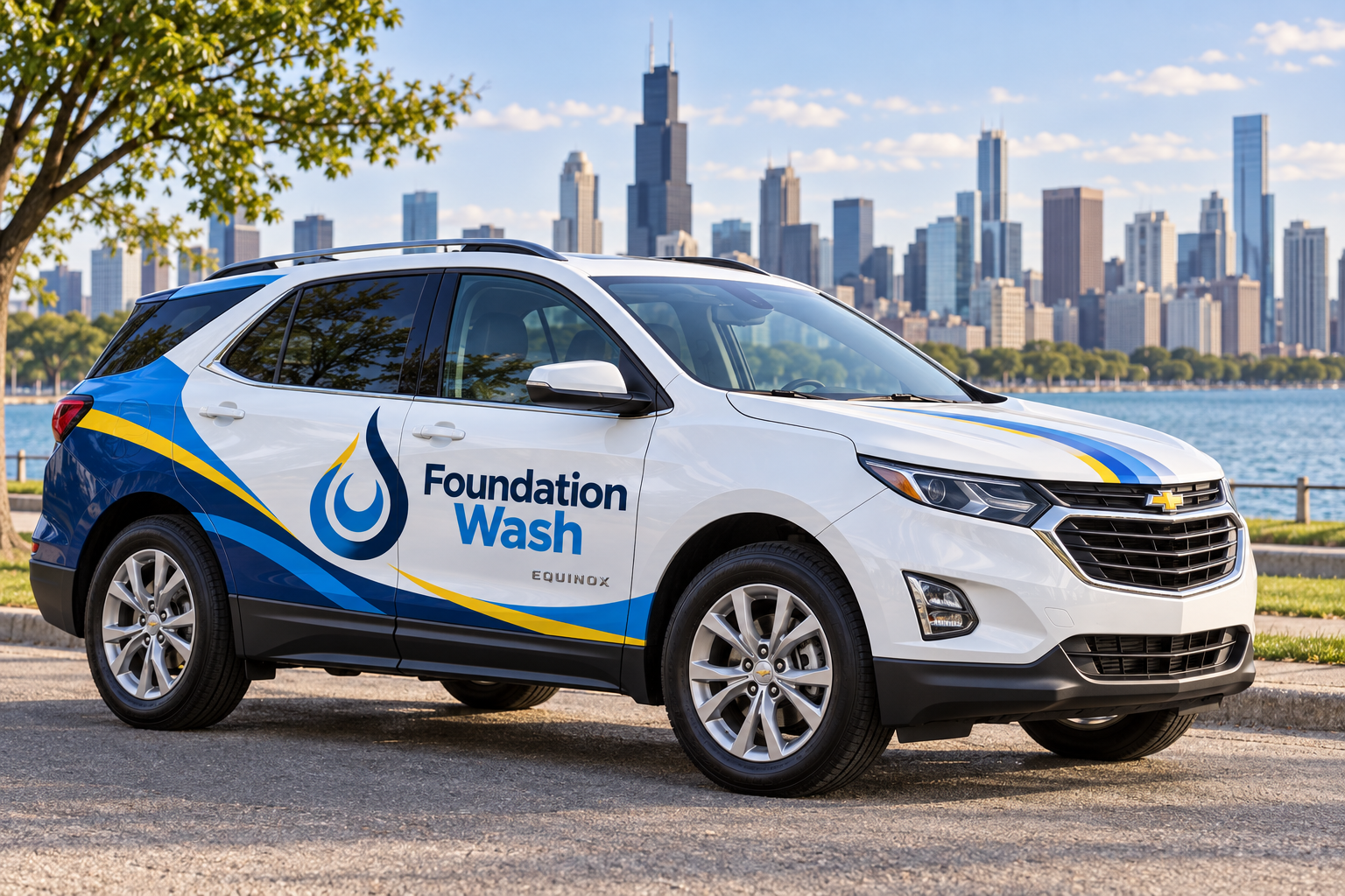 Foundation Wash wrap concept on a Chevrolet Equinox, with Chicago’s skyline in the background