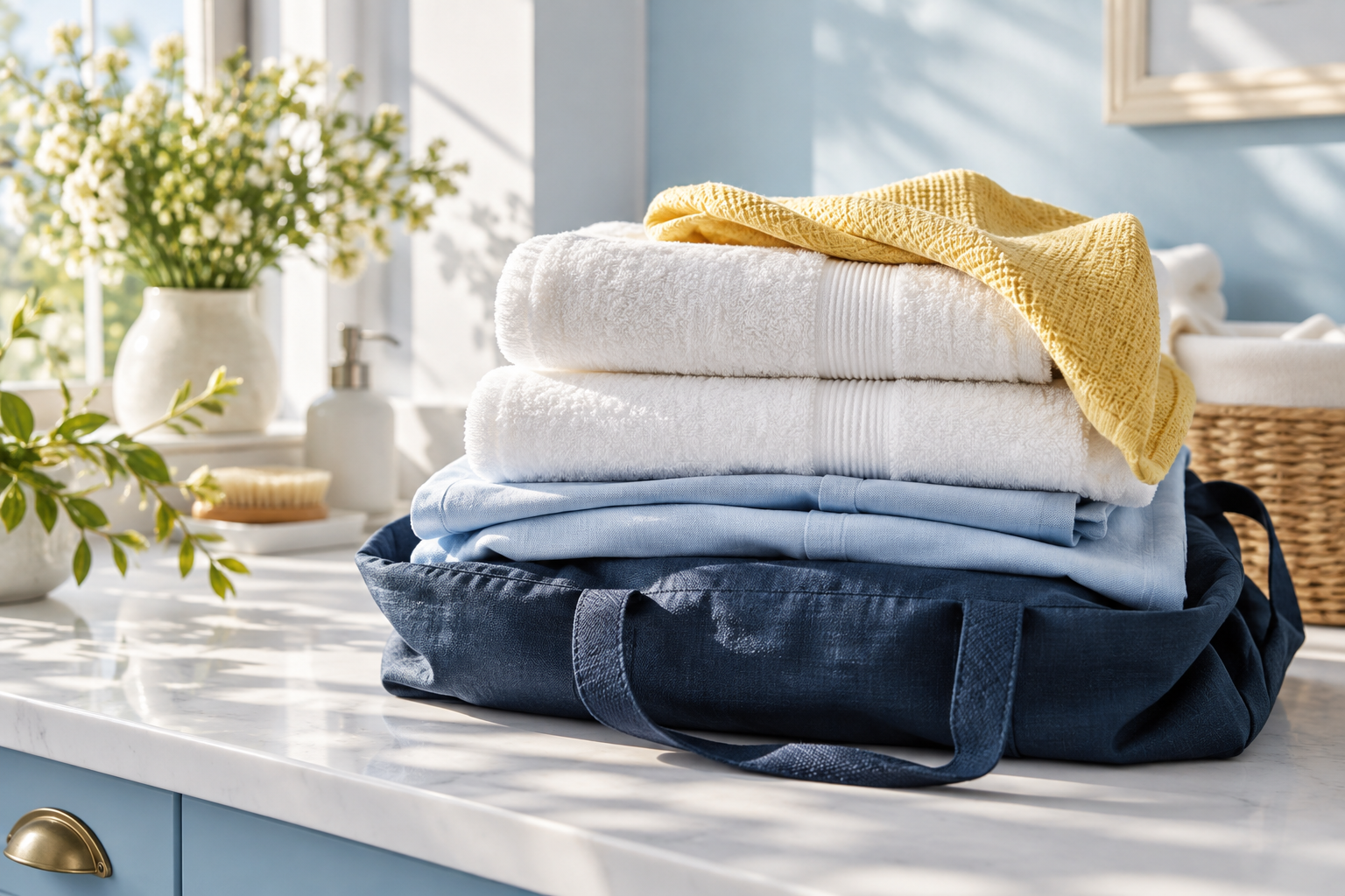 Freshly folded white and blue laundry on a countertop